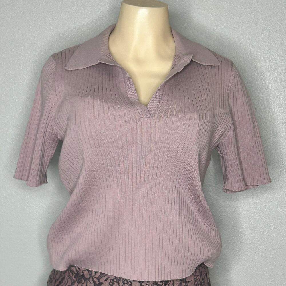 Calvin Klein Jeans Sweater Womens Medium Mauve Ribbed Short Sleeve Collared Knit